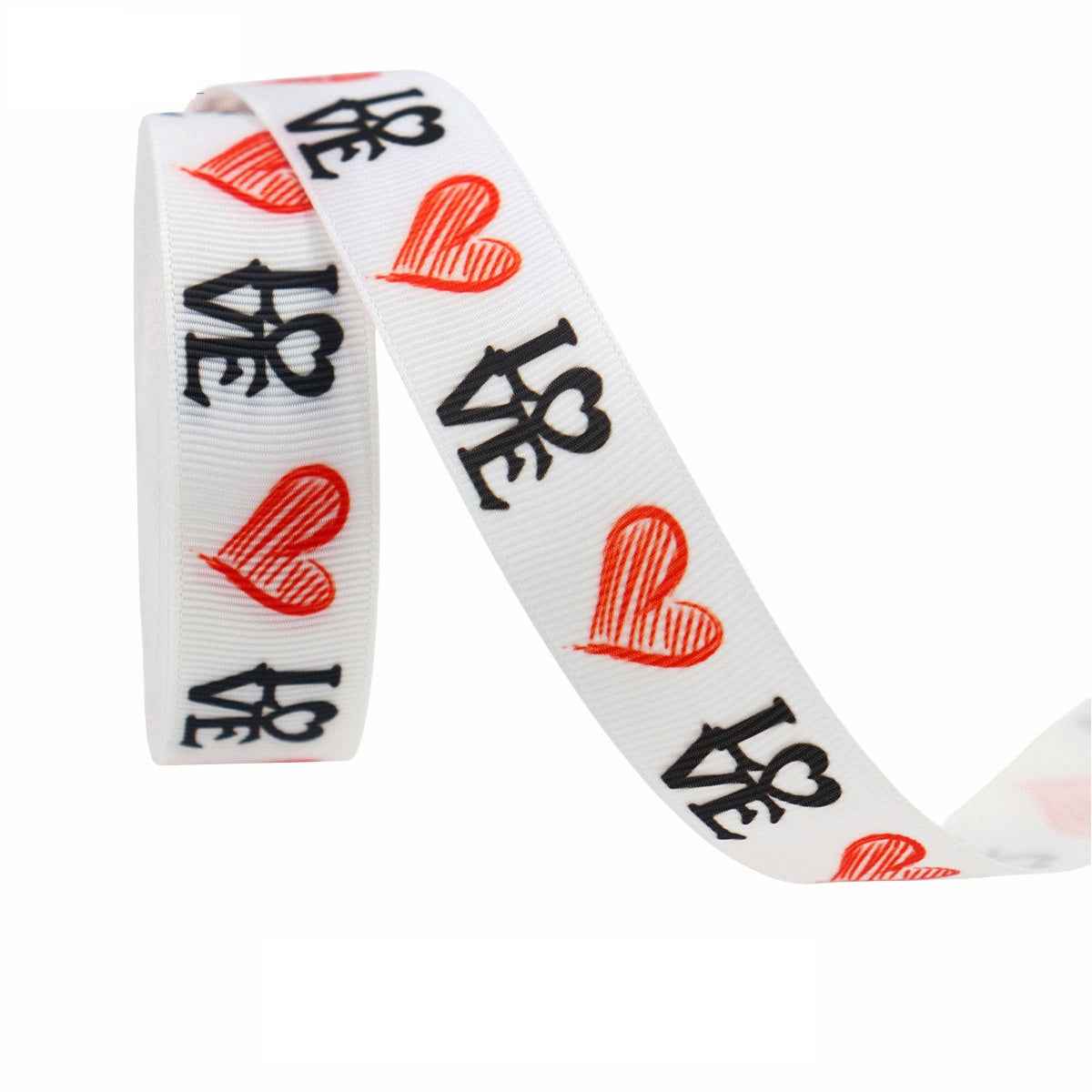 White 22mm ribbon with red heart icons and black decorative symbols