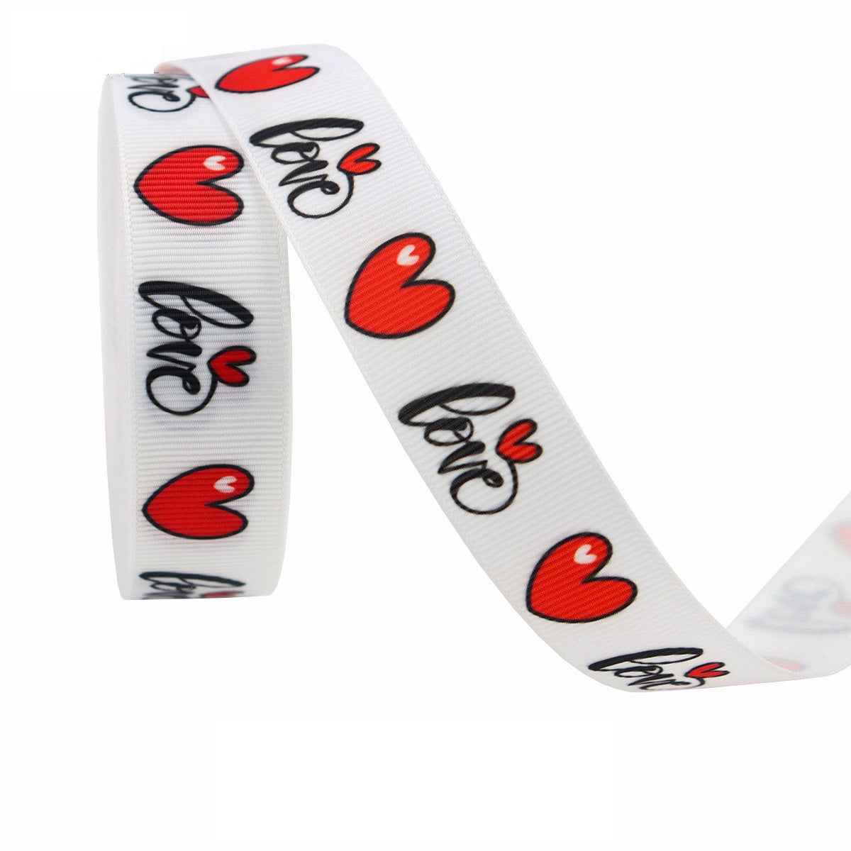 White Valentine ribbon with red hearts and black script text, single roll