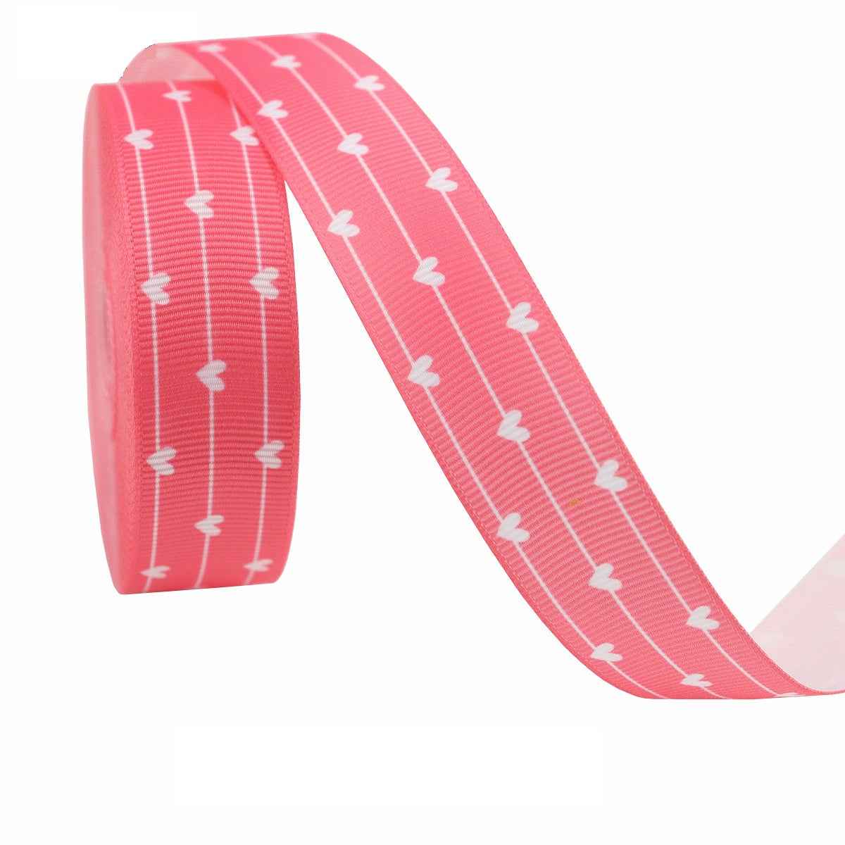 Pink 22mm ribbon with white hearts and vertical stripe pattern
