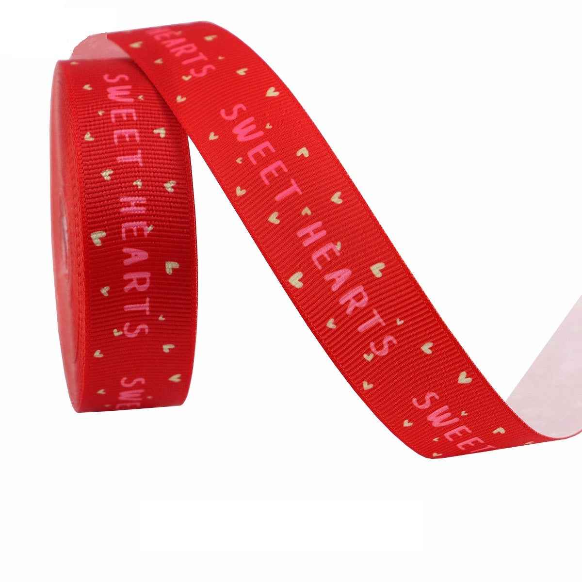 Red 22mm ribbon with repeating “SWEETHEART” text and small heart accents