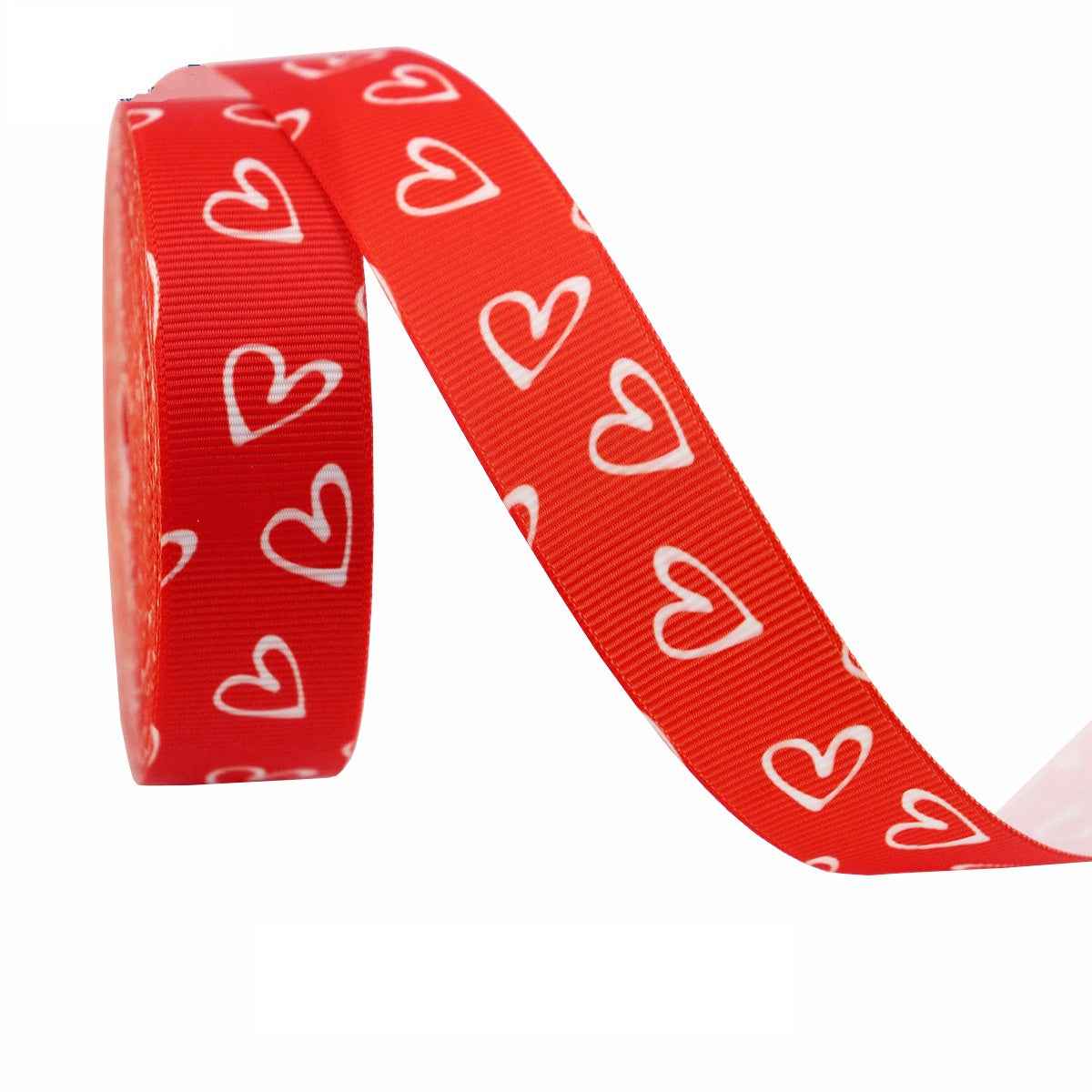 Red 22mm ribbon with repeating white heart outline pattern