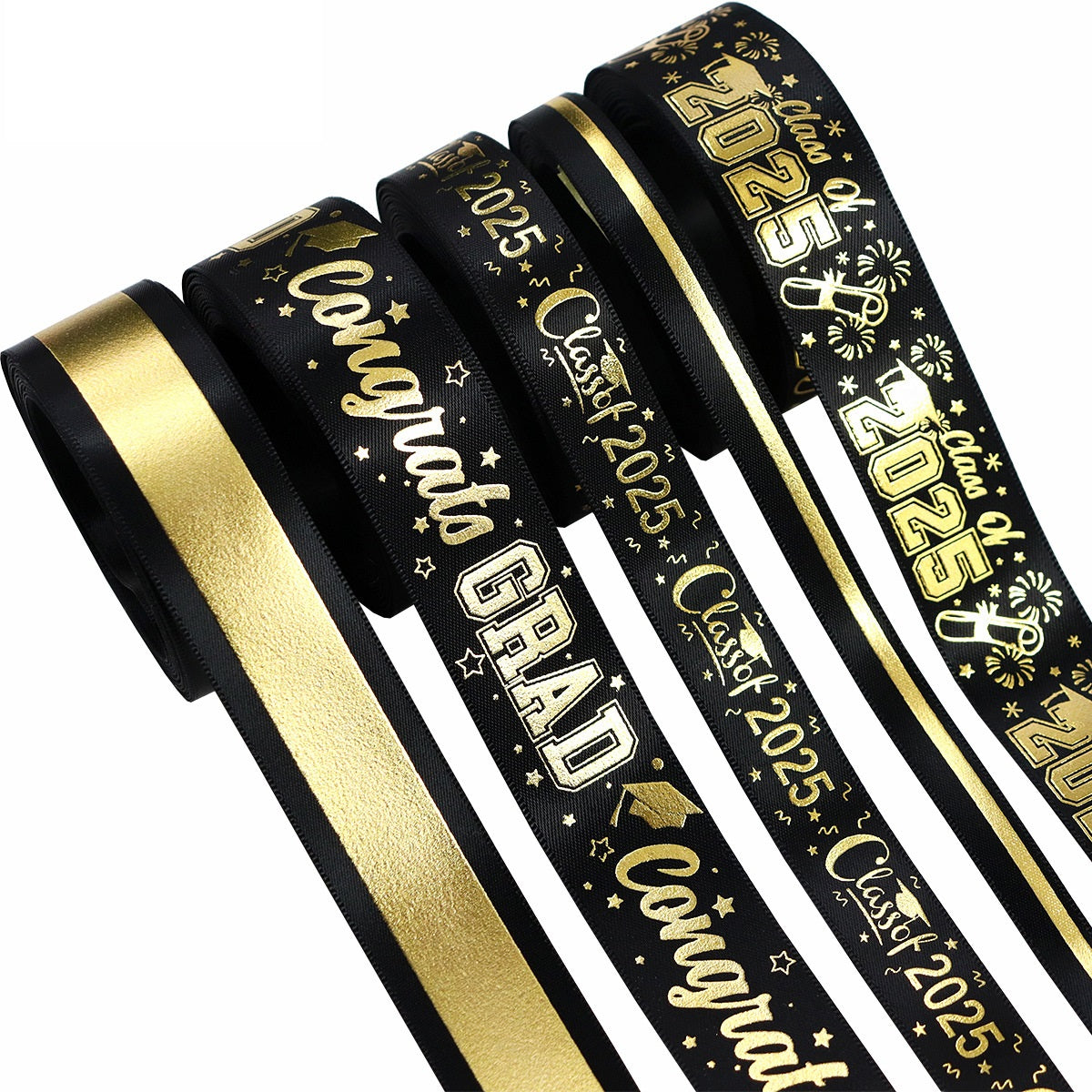 Graduation ribbon set: black with gold 'Class of 2025' prints and gold stripes (5-pack)