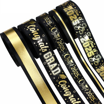 Graduation ribbon set: black with gold 'Class of 2025' prints and gold stripes (5-pack)