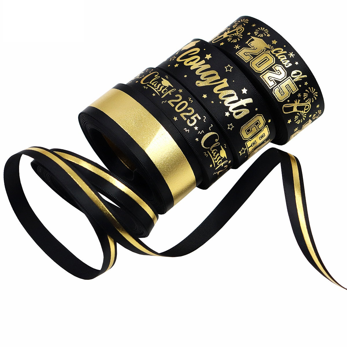 Set of graduation ribbons, black with gold 'Class of 2025' lettering and gold trim edges