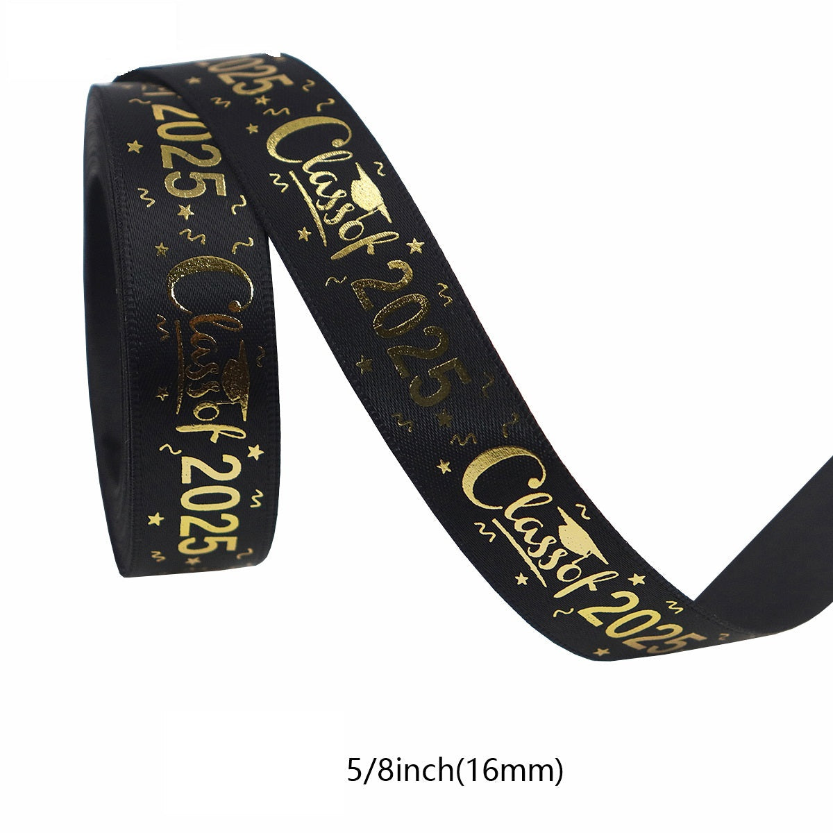 Black and gold 'Class of 2025' ribbon, 16mm width, gold stars and scroll text