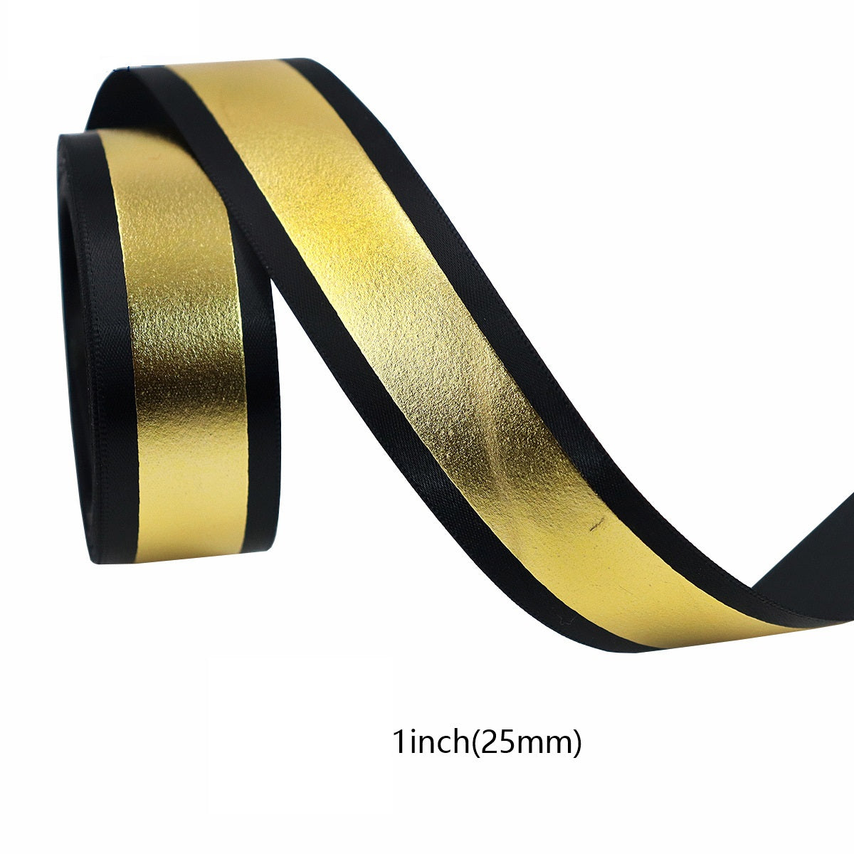 Gold stripe on black graduation ribbon, 25mm width, smooth satin band