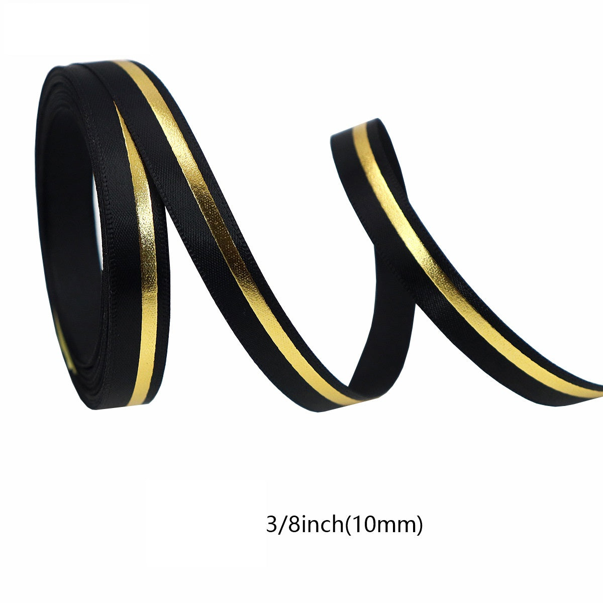 Black ribbon with gold center stripe, 10mm width measurement shown