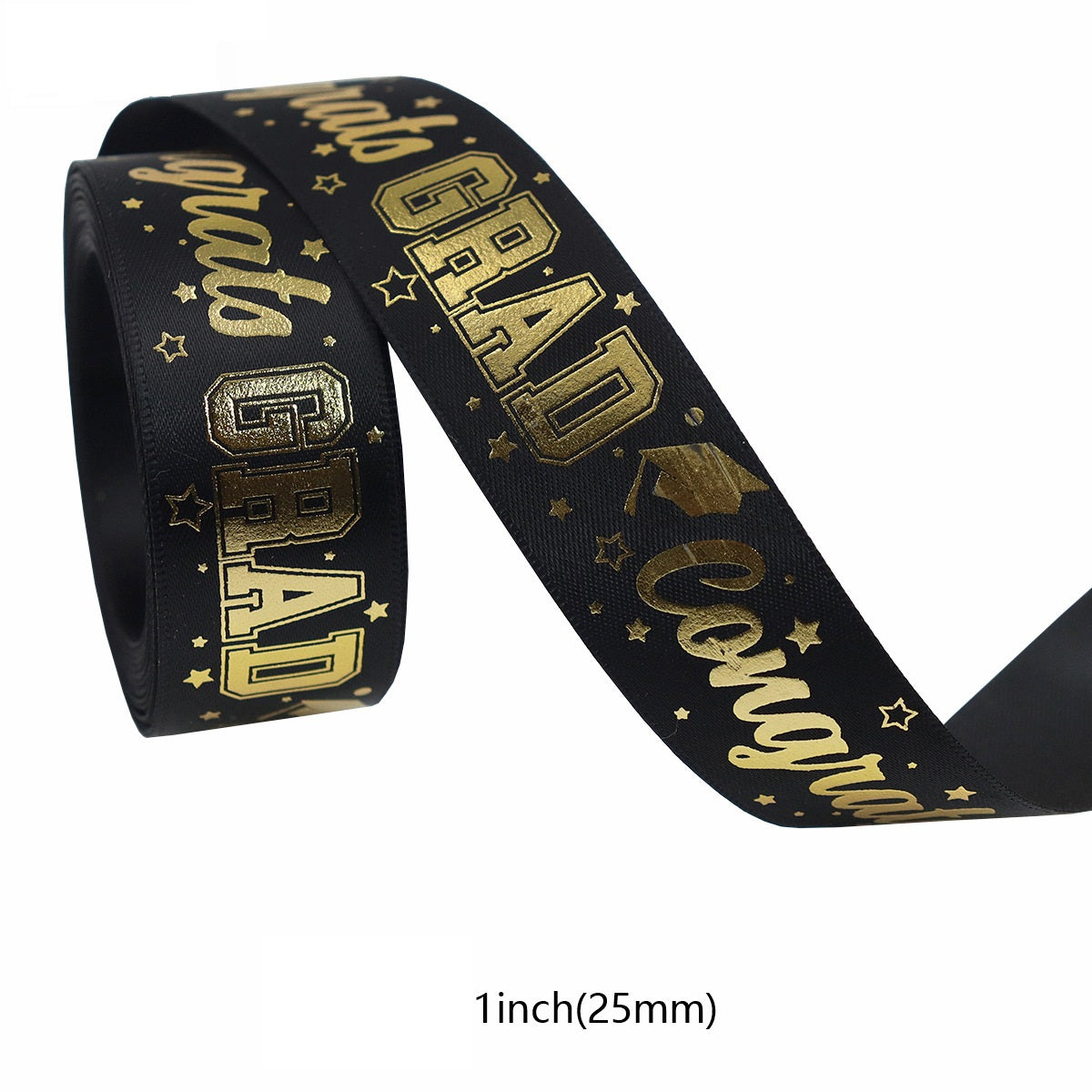 Black and gold 'Class of 2025' ribbon, 25mm width, gold graduation caps