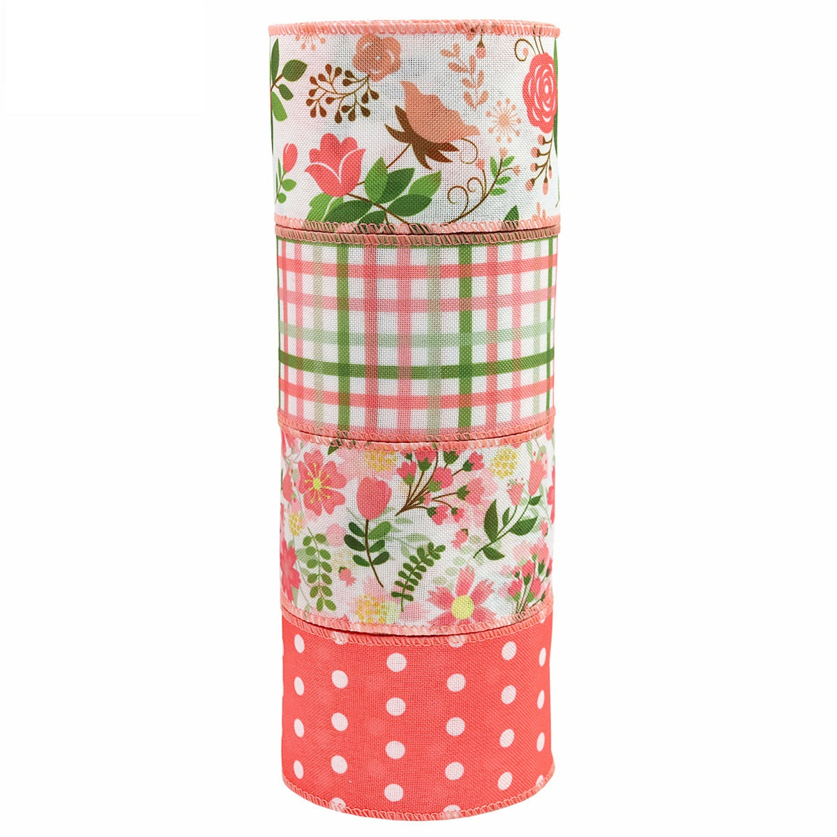 Spitzenband 63 mm auf Rolle, rot-rosa Punkte, Karo und Blumenmotive