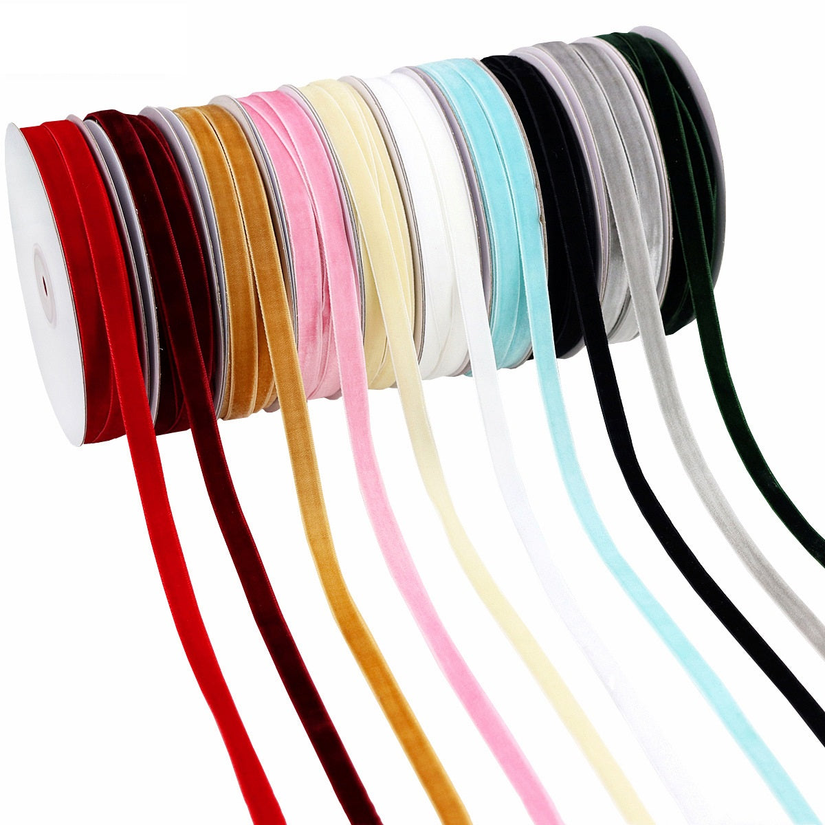 3/8" single-sided velvet ribbon, rolled strands in many colors: red, black, pink, blue