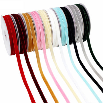3/8" single-sided velvet ribbon, rolled strands in many colors: red, black, pink, blue