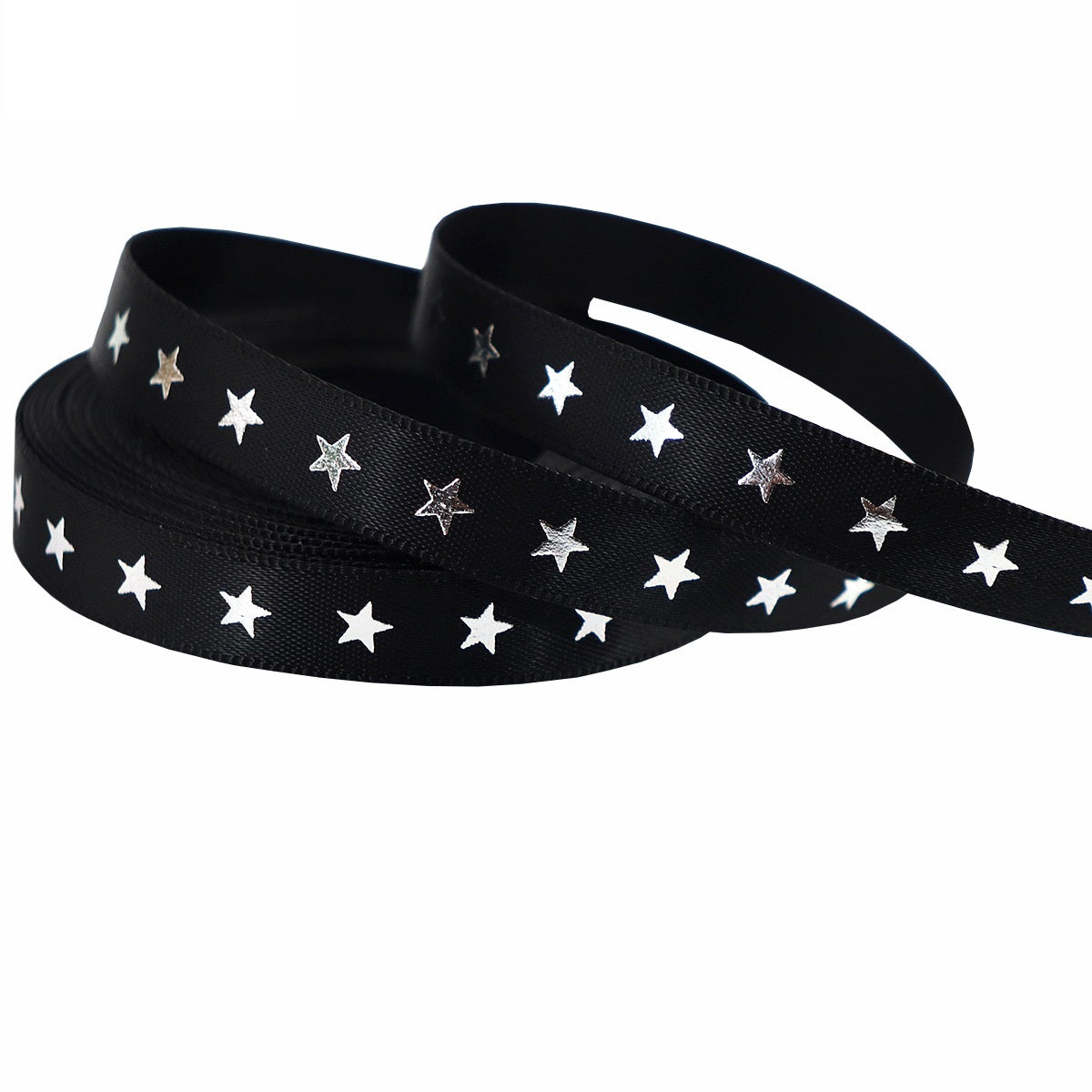 10mm black ribbon with silver-foil stars, straight length and stacked coils