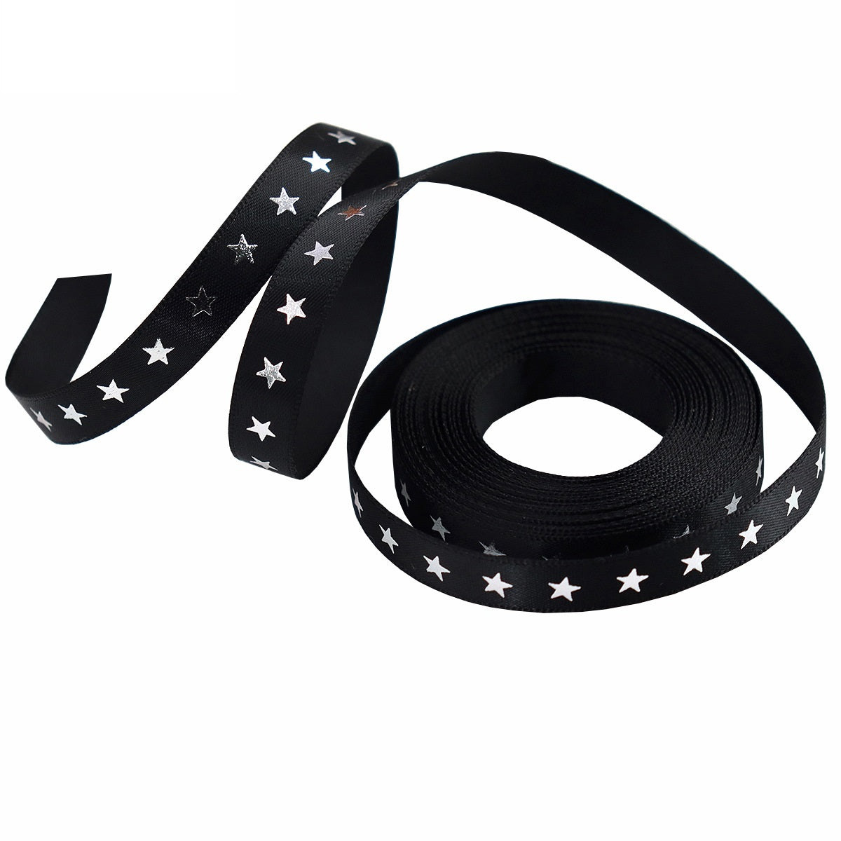 Black star ribbon with silver-foil stars, 10mm wide spool, curled length