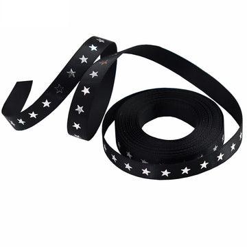 Black star ribbon with silver-foil stars, 10mm wide spool, curled length