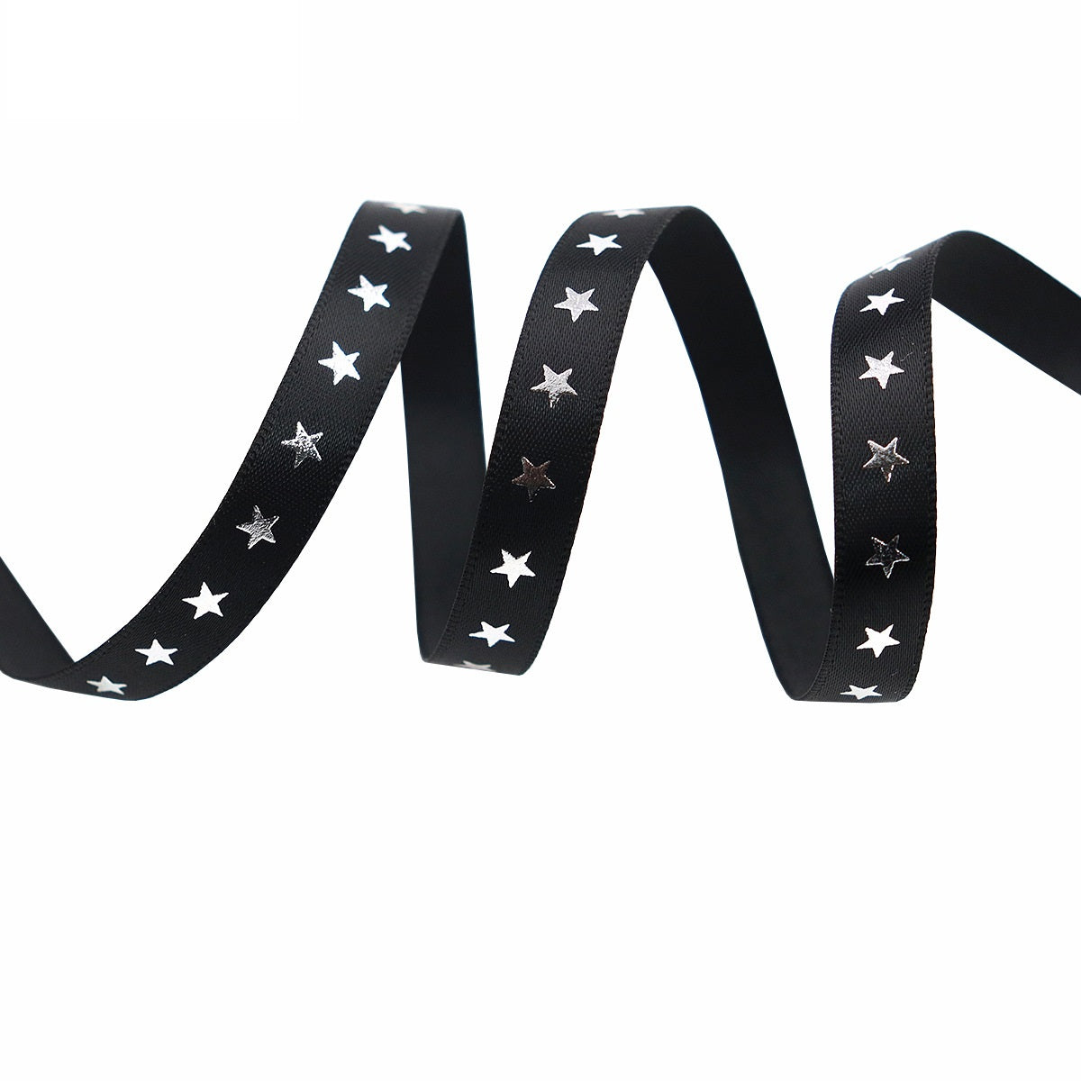 Black 10mm ribbon featuring silver-foil star pattern, draped loops