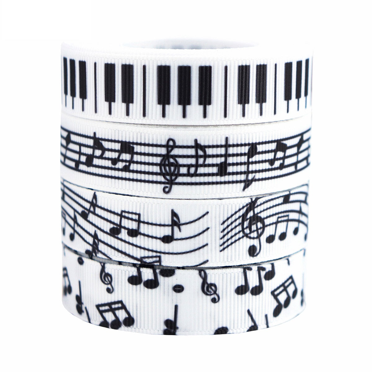 Black and white music note ribbon with piano key pattern, 16 mm wide