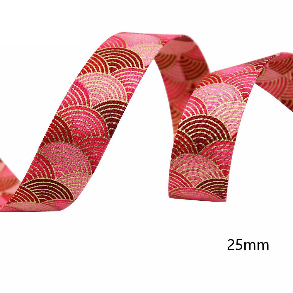 Sakura water ripple ribbon, 25mm width; pink fabric with wave arc pattern.