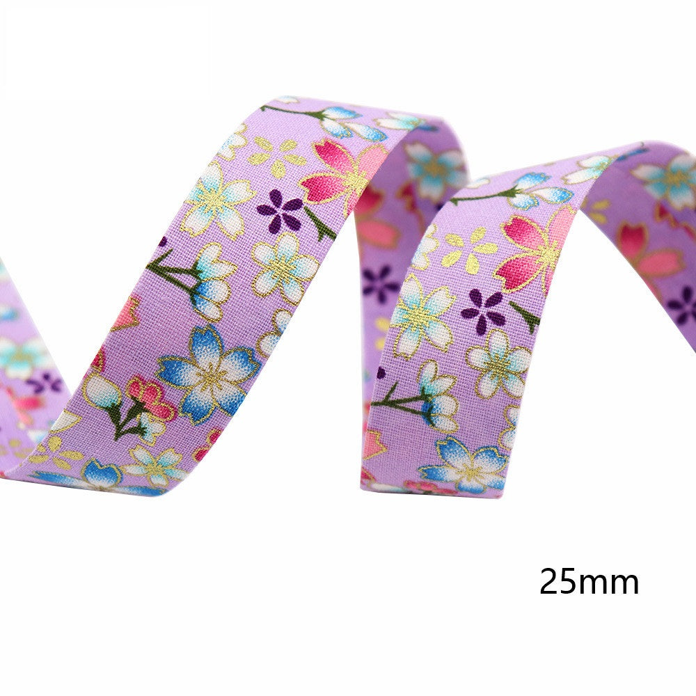 Japanese water ripple ribbon, 25mm, purple with colorful sakura blossoms