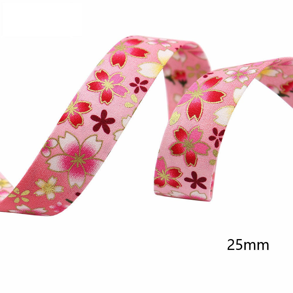 Japanese water ripple ribbon, 25mm, pink with red sakura flower print