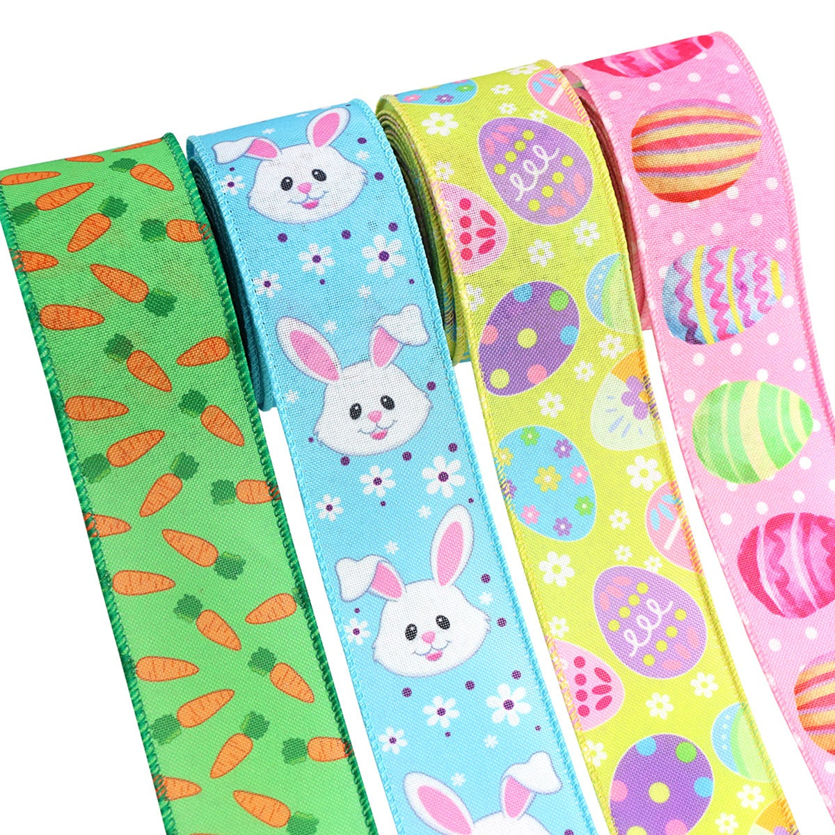 Easter ribbon 4-pack, wire-edged: green carrots, blue bunnies, yellow eggs, pink striped