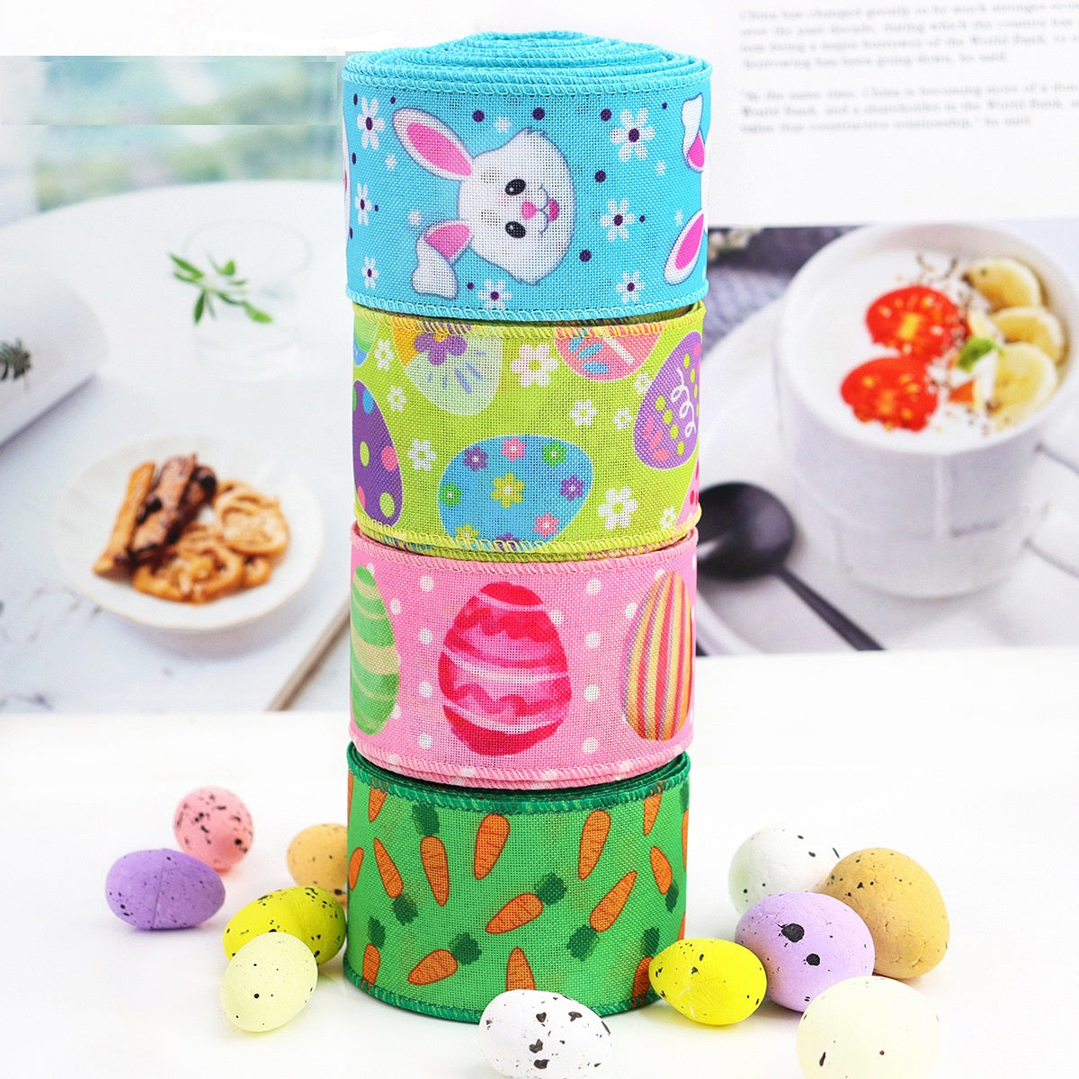 Colorful Easter ribbon roll set: blue bunny, green carrot, yellow egg, pink egg print