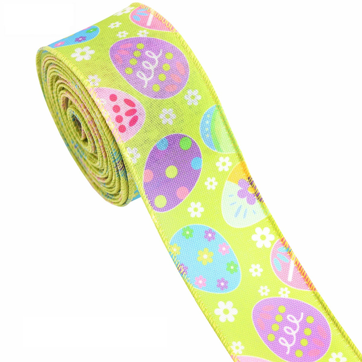 Green Easter ribbon roll with purple egg motifs and small white flowers, wire-edged