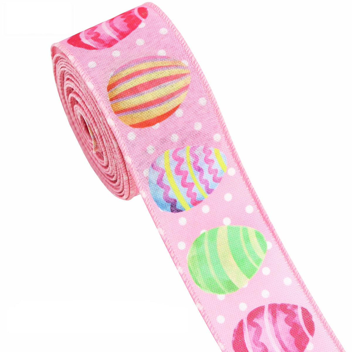Pink Easter ribbon roll with multicolor egg stripes and rounded egg prints, wire-edged edge