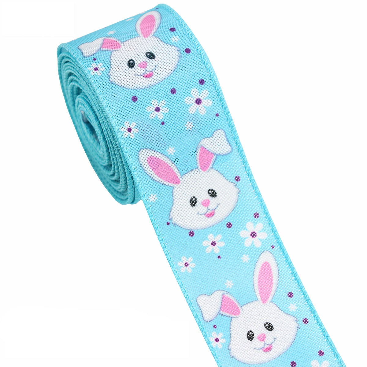 Light blue Easter ribbon roll with white bunnies and small purple flower accents, wire-edged