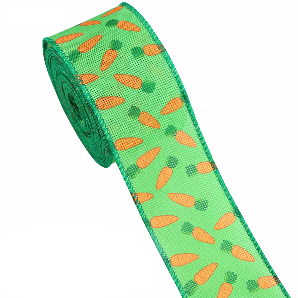Green Easter ribbon roll with orange carrot shapes, wire-edged border