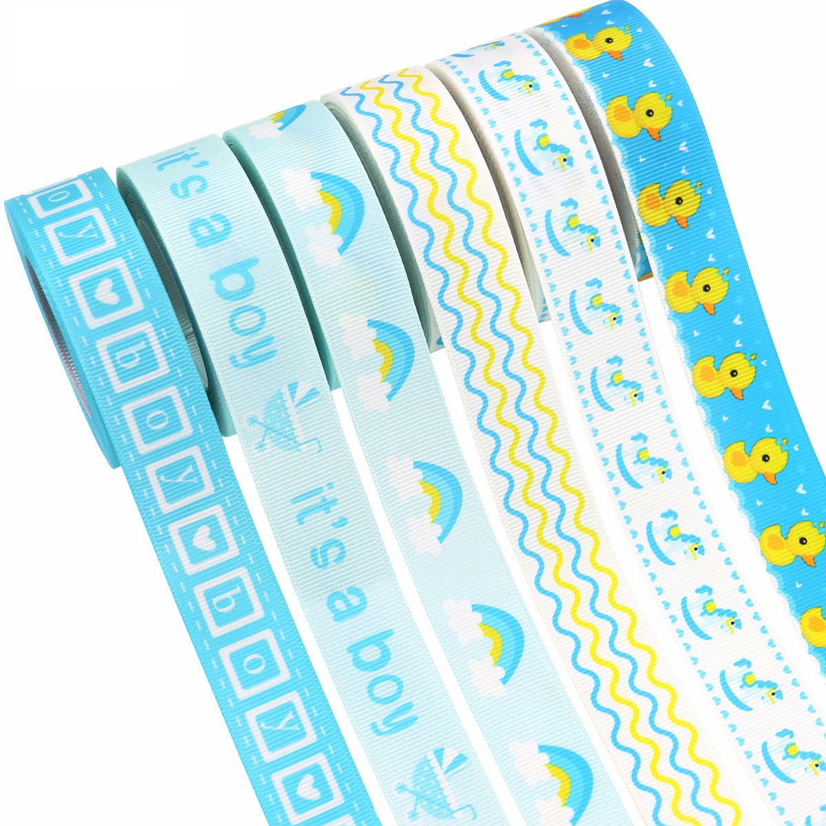 22mm Kinder-Partyband-Set, blau mit Entchen, Regenbogen und Wellenmuster, 6 Farben