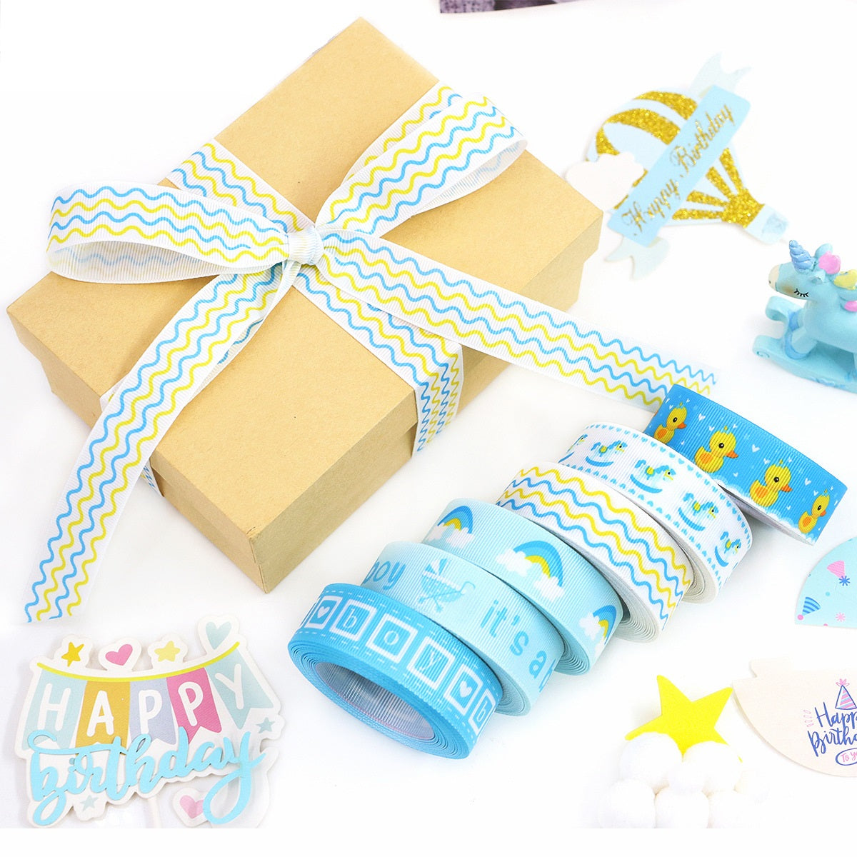 22mm Partyband 6er-Pack: blaues Wellenband, Regenbogenband und Entchen-Design