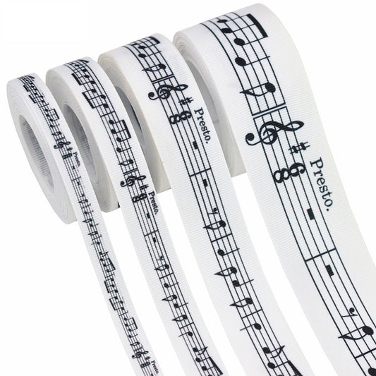 10/16/25/38MM Black White Music Note Grosgrain Ribbon 4 Pack