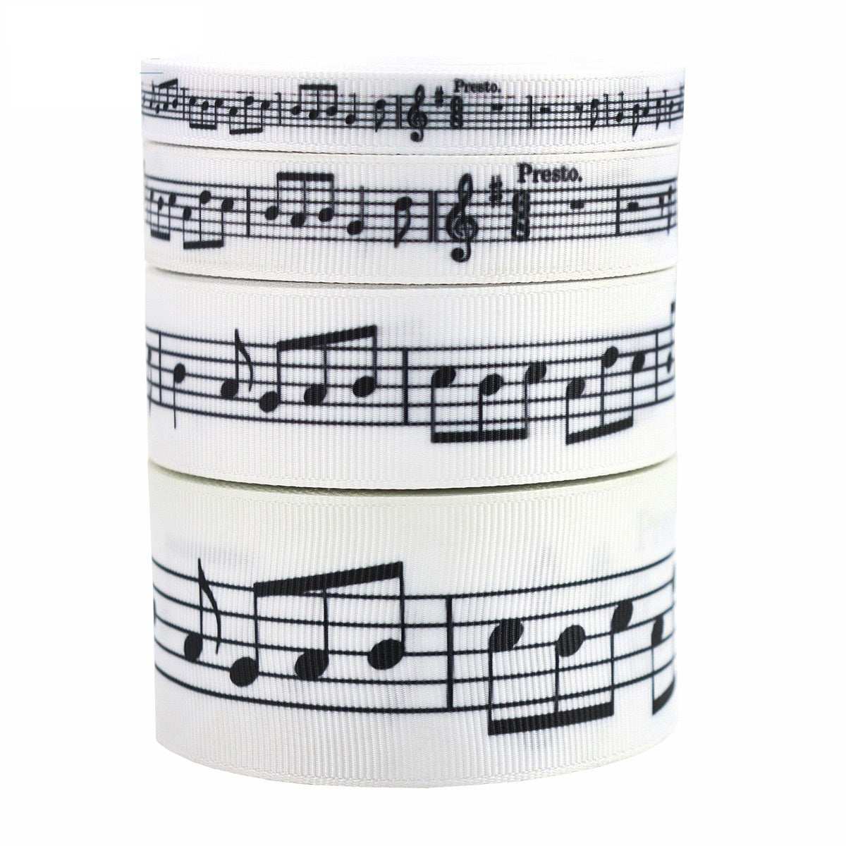 Black and white music note grosgrain ribbon, 4-pack on stacked rolls