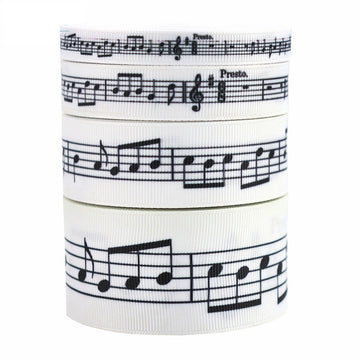 Black and white music note grosgrain ribbon, 4-pack on stacked rolls