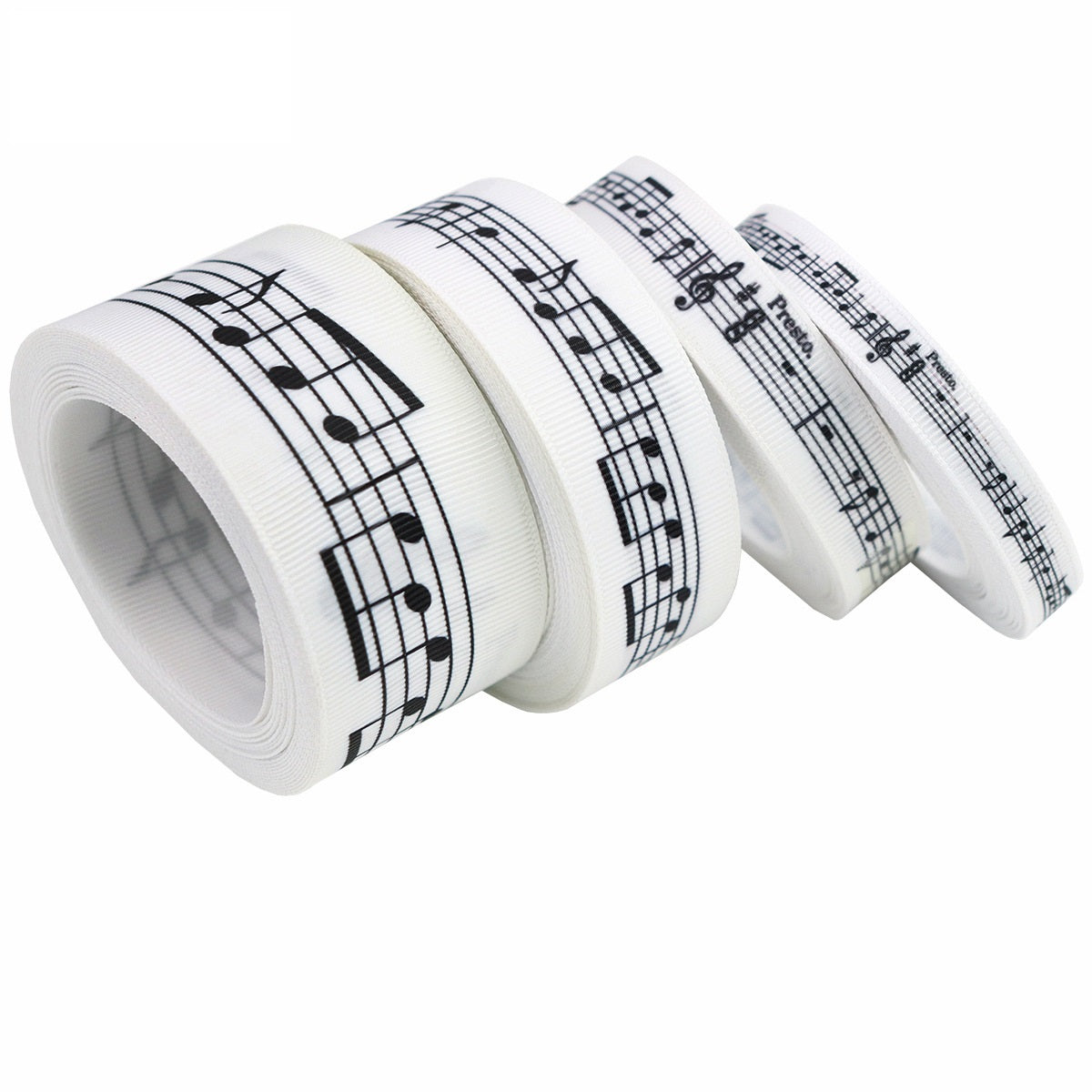 Rolled music note grosgrain ribbon with patterned end, black on white, 4-pack