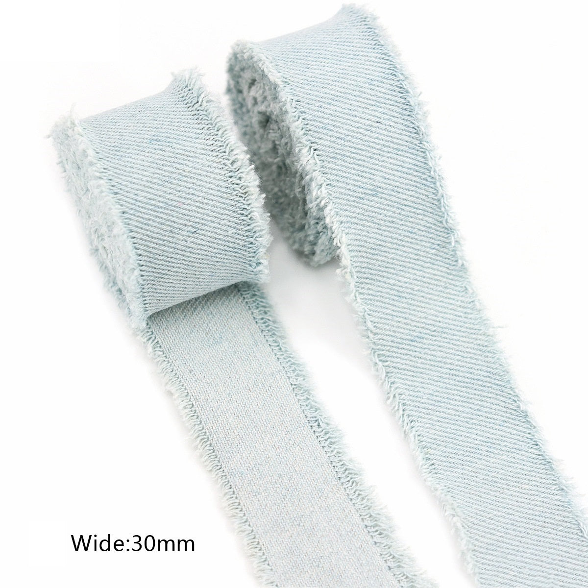 Light blue denim double-edged ribbon, 30mm, frayed edges