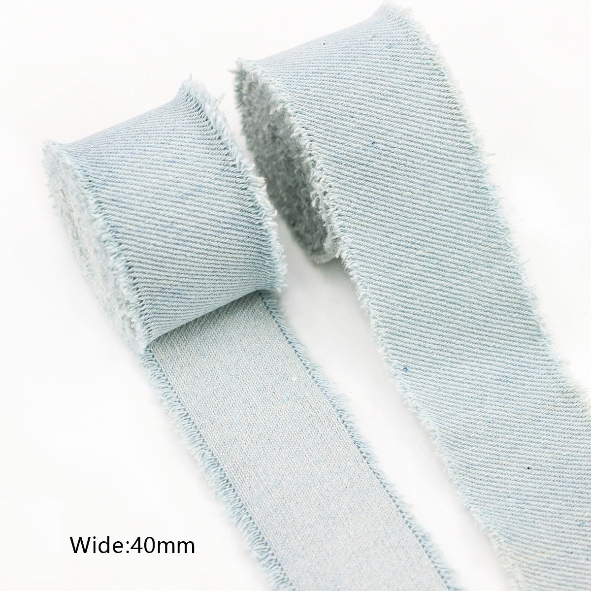 Light blue denim double-edged ribbon, 40mm, frayed edges