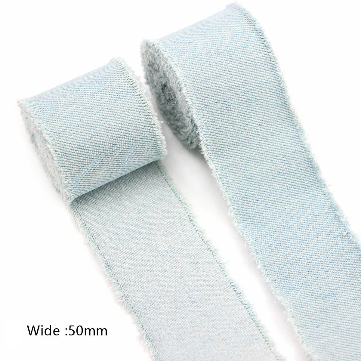 Light blue denim double-edged ribbon, 50mm, frayed edges