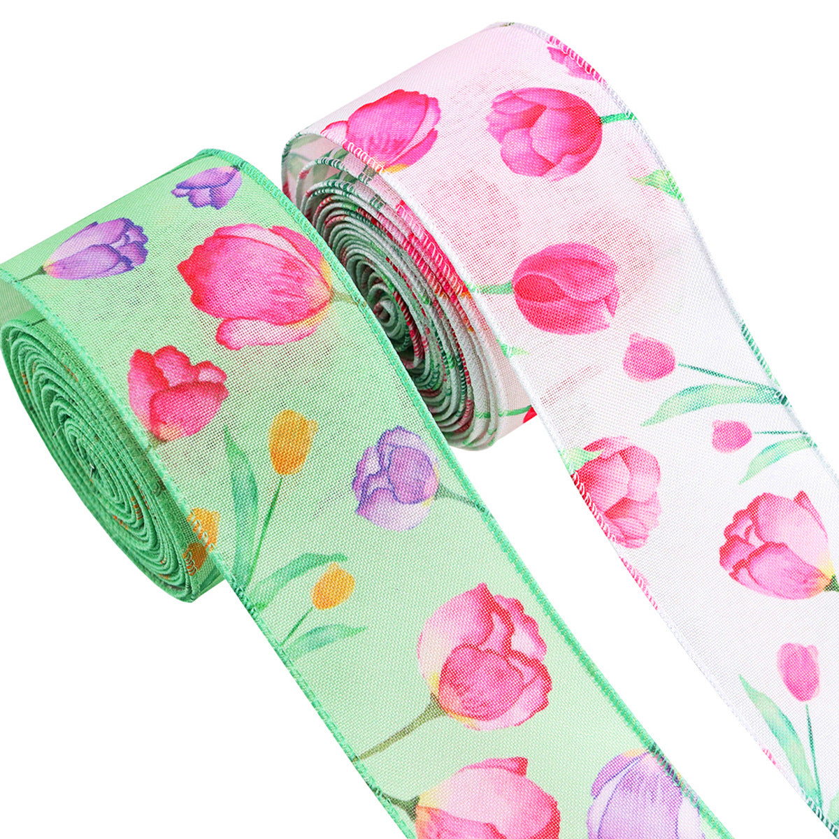 2.5" Häkelblumen-Ripsband mit Drahtkante, 2er Pack: rosa Blumen auf hellen & grünen Rollen