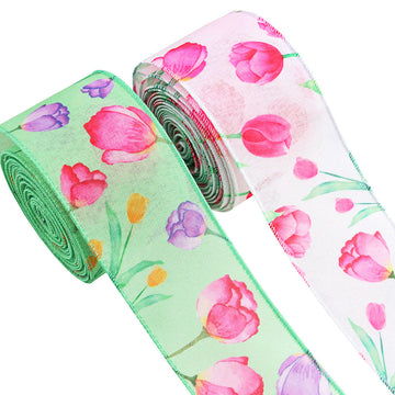 2.5" Häkelblumen-Ripsband mit Drahtkante, 2er Pack: rosa Blumen auf hellen & grünen Rollen