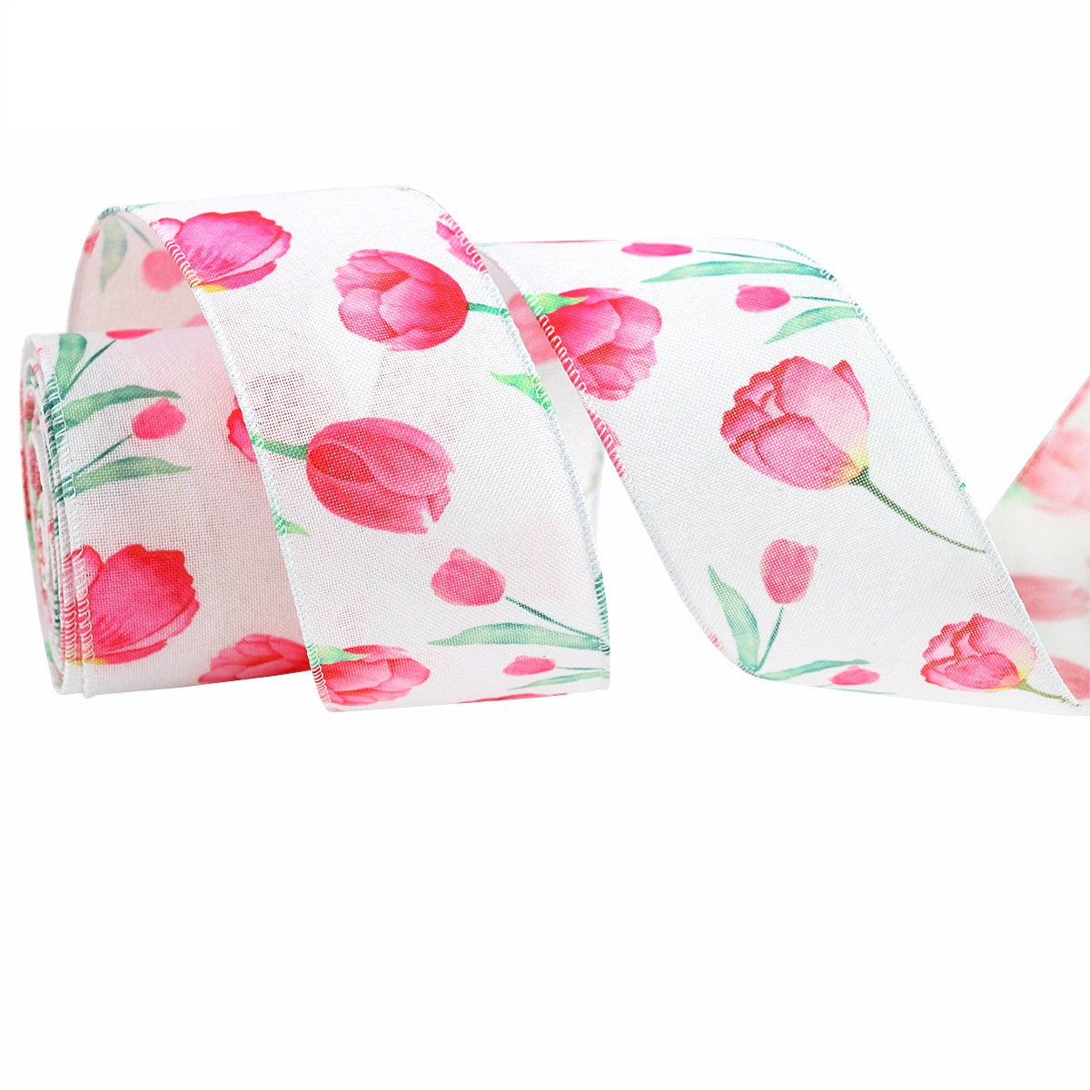 2.5" Häkelblumen-Ripsband, 2er Pack: rosa Blumen auf weißem Band, gerollte Abschnitte