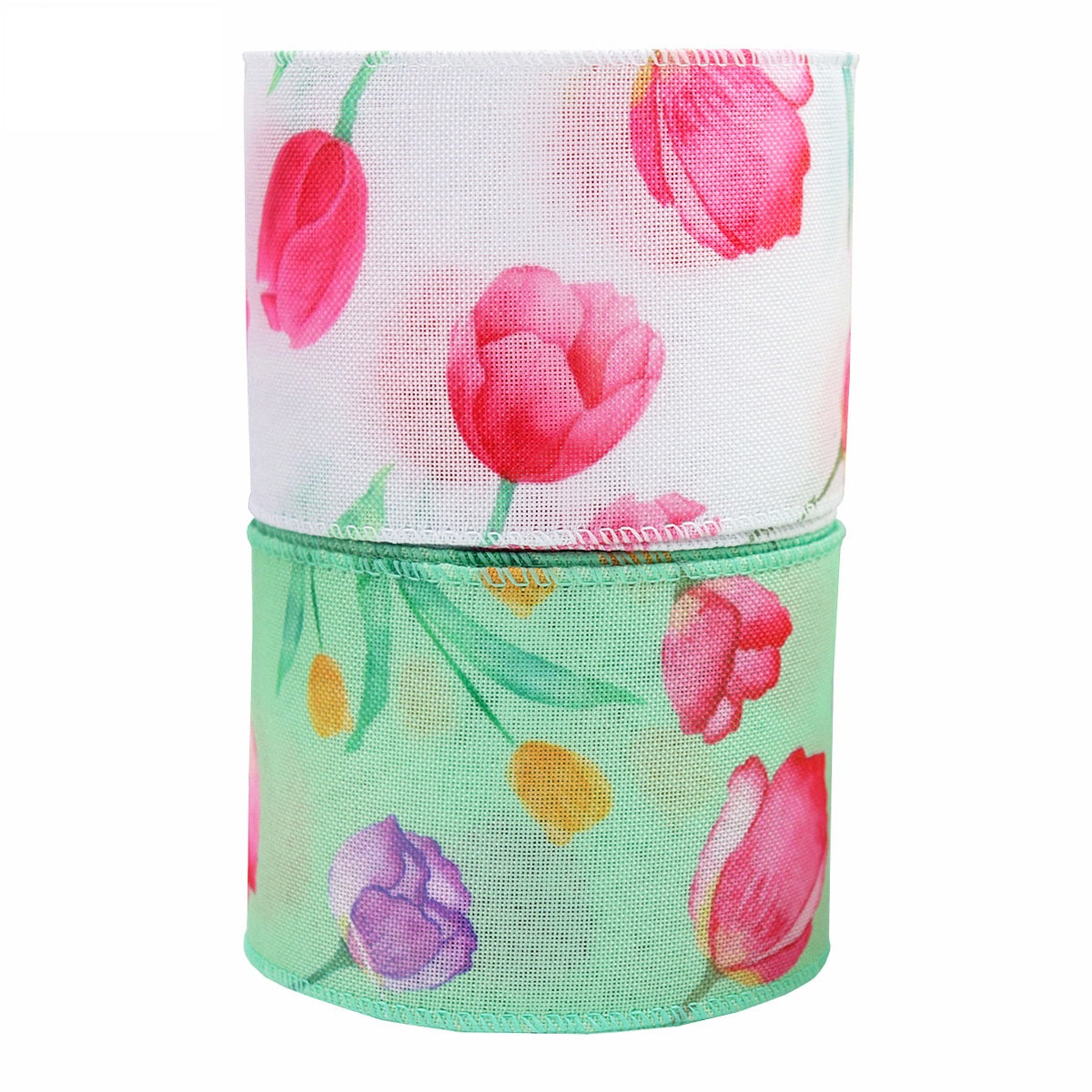 Gepacktes 2.5" Häkelblumen-Ripsband: rosa Blumenmuster auf weißem und grünem Untergrund