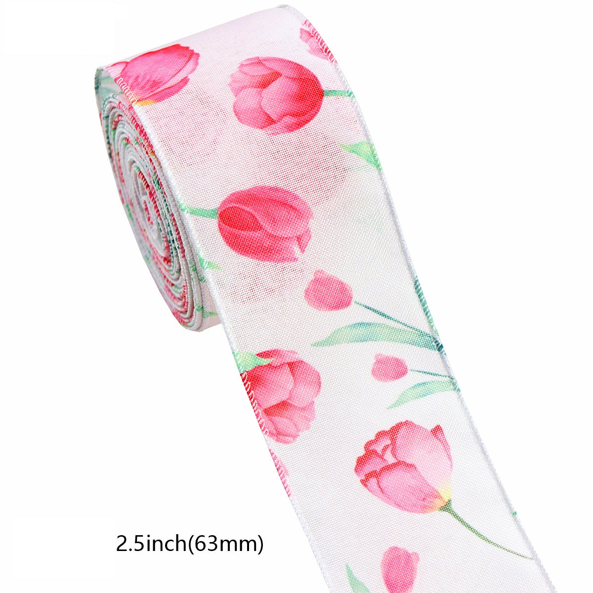 2.5" (63mm) Häkelblumen-Ripsband mit Drahtkante, rosa Blumen auf weißem Band