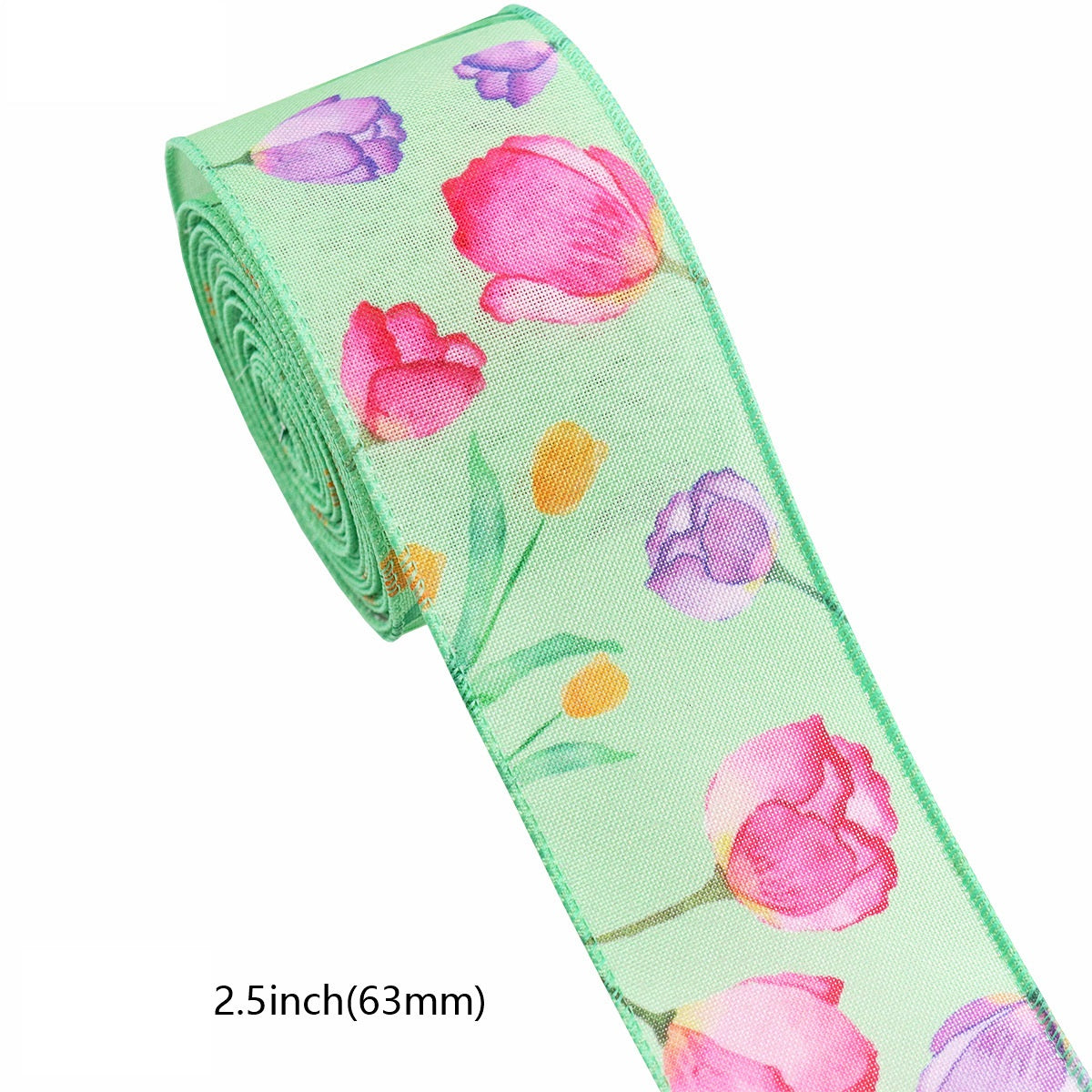 2.5" (63mm) Häkelblumen-Ripsband mit Drahtkante, rosa Blumen auf grünem Band