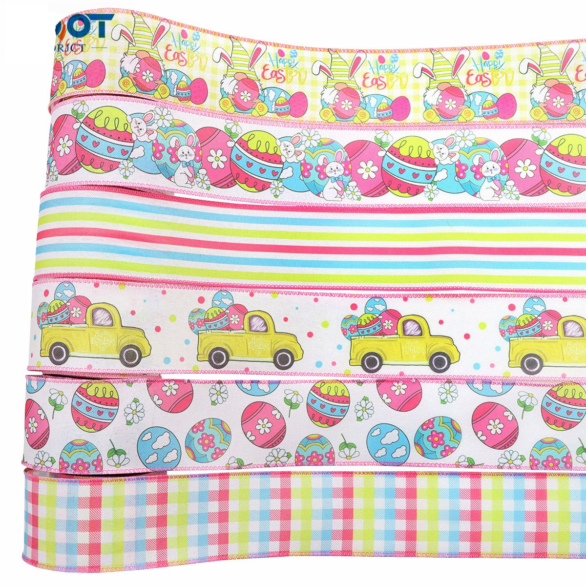 Pink Easter wired ribbon with bunnies and eggs, plus stripe and check details