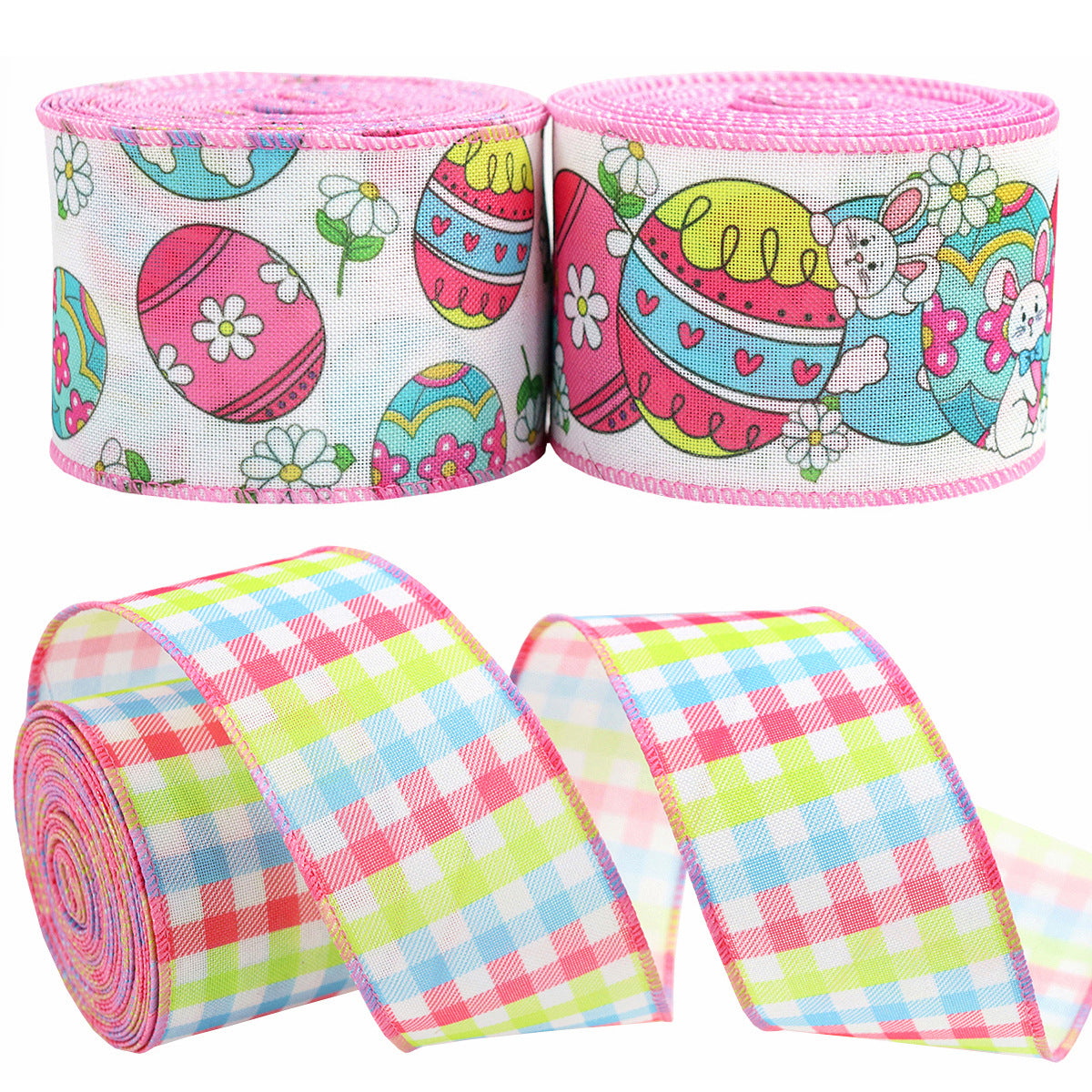 Pink wired Easter ribbon with large egg pattern and coordinating striped roll