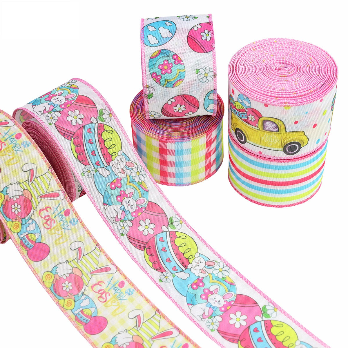 Pink wired Easter ribbon rolls with truck, eggs, and striped accents