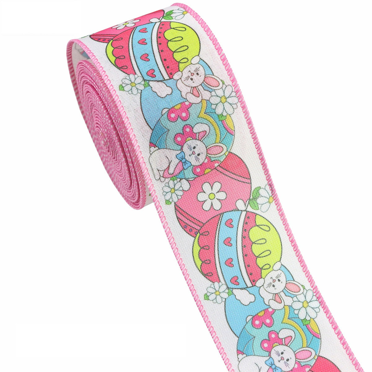Pink wired Easter ribbon with bunnies and eggs, shown unrolled