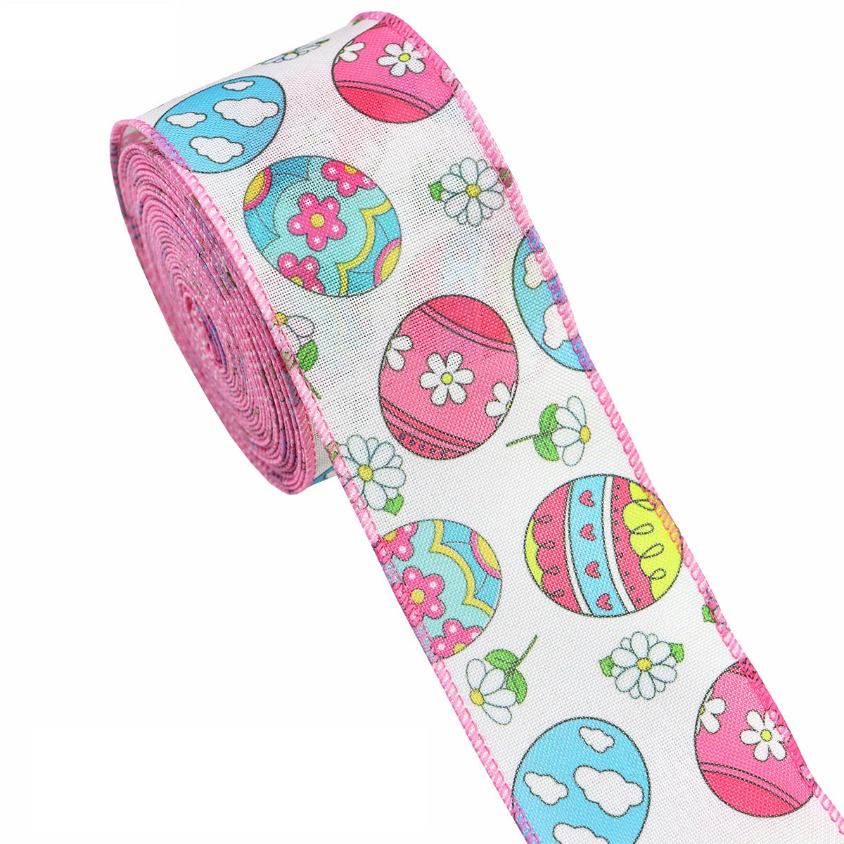Pink wired Easter ribbon with scattered egg prints and decorative flowers
