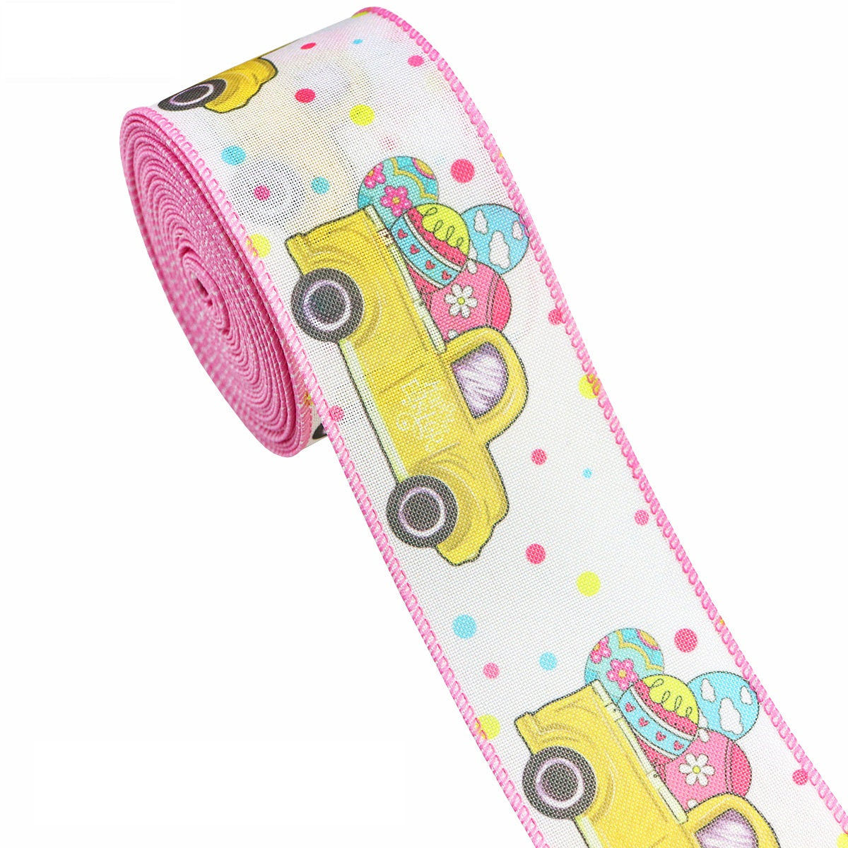 Pink wired Easter ribbon with yellow car illustration and dotted egg motifs
